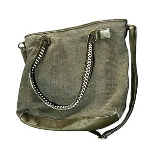 T-Shirt & Jeans Canvas Tote Crossbody Bag Olive Green Washed Leather Trim